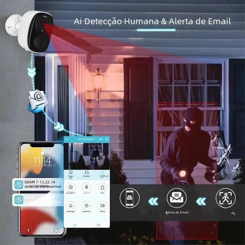 Câmera de Segurança WiFi 2K 3MP Sem Fio com Bateria, Holofote