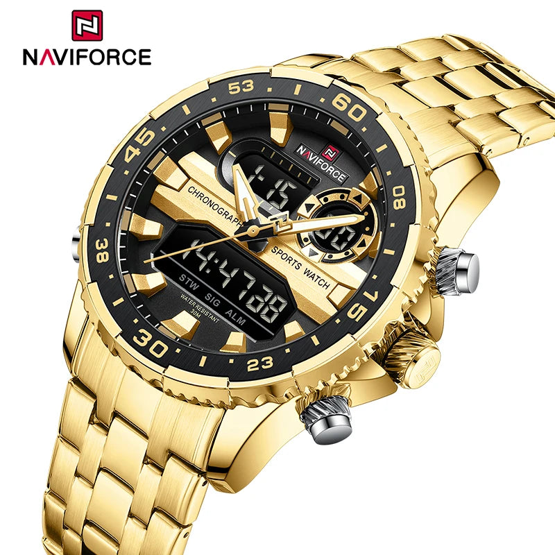 Relógio Masculino Preto e Dourado à Prova d'Água NAVIFORCE